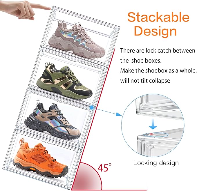 3BBYJL 12 Pack Acrylic Sneakr Shoe Display Case, Size 12.5 Shoe Storage Boxes Clear Stackable Purse Handbag Organizer Under Bed Storage Bins with Magnetic Lids