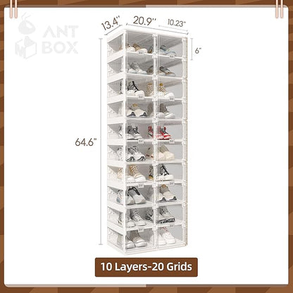 ANTBOX Foldable Shoe Rack,Shoe Organizers for Closet Plastic Shoe Storage Box Space Saving for Entryway, Large Sturdy Stackable Sneaker Cabinet Bins with Magnetic Clear Door 10 Tiers 20 Pairs