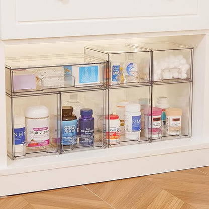 Vtopmart 7.6" H Clear Stackable Storage Drawers, 4 Pack Plastic Organizers Bins for Skincare, Cosmetics,Beauty Supplies,Ideal for Vanity, Bathroom,Kitchen Countertop,Cabinet Organization