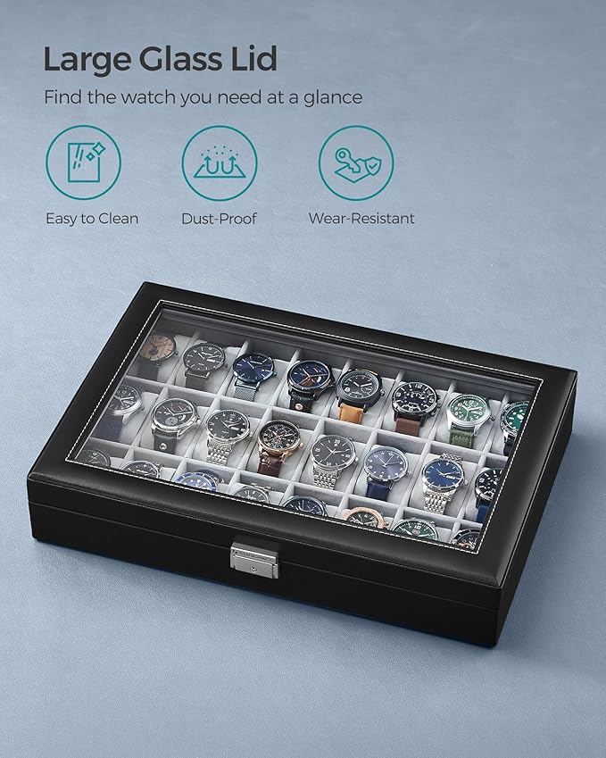 SONGMICS 24-Slot Watch Box, Lockable Watch Storage Case with Glass Lid, Gift Idea, Ink Black Synthetic Leather, Dove Gray Lining UJWB024