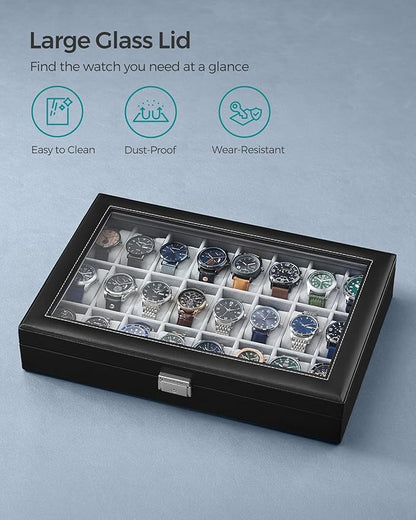SONGMICS 24-Slot Watch Box, Lockable Watch Storage Case with Glass Lid, Gift Idea, Ink Black Synthetic Leather, Dove Gray Lining UJWB024