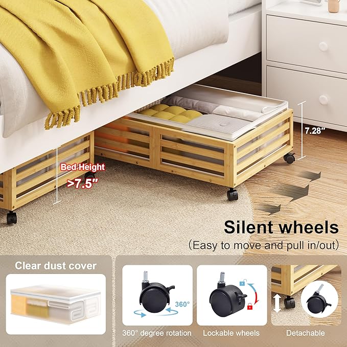 Wisuce Home Under Bed Storage Containers With Wheels - 2 Pcs Bamboo Wood Rolling Underbed Shoe Storage Bins With Dust Bags for Clothes Blankets, Duvet Covers Snacks Toys (Natural)