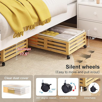 Wisuce Home Under Bed Storage Containers With Wheels - 2 Pcs Bamboo Wood Rolling Underbed Shoe Storage Bins With Dust Bags for Clothes Blankets, Duvet Covers Snacks Toys (Natural)
