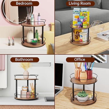 Lazy Susan Organizer 2 Tier - Turntable Spice Rack for Table Top, Wooden Rotating Lazy Susan for Cabinet Pantry Kitchen Countertop Dining Table Cupboard Bathroom Vanity Storage