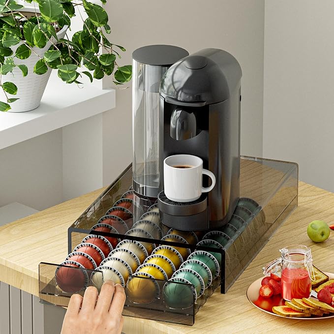 BXINREDA Acrylic Coffee Pod Organizer for Nespresso Vertuo Pod Holder 40 Pods transparent black Vertuo Pod Storage Drawer (1 Tier)