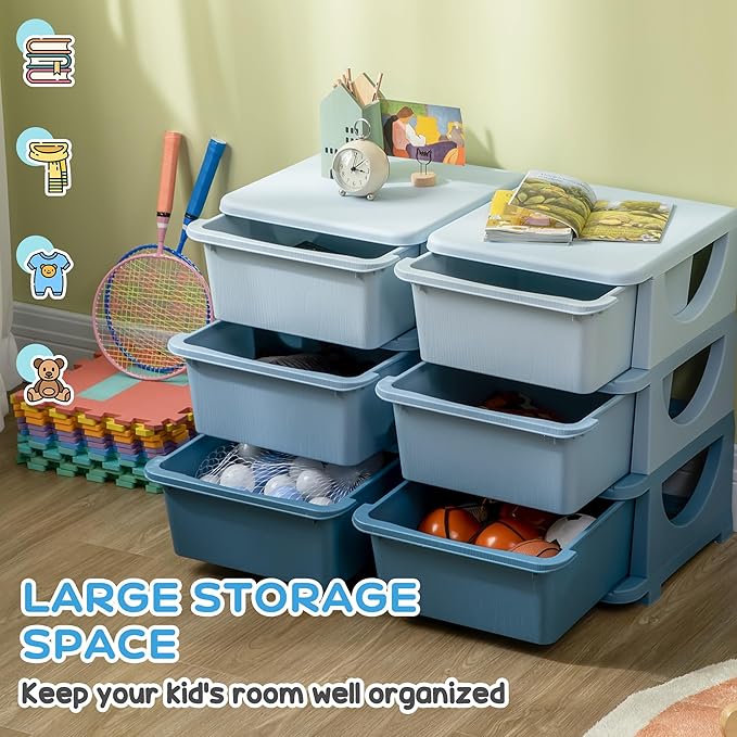 Qaba 3 Tier Kids Storage Unit, Toy Organizers and Storage with 6 Drawer Chest for Kids Bedroom Nursery Kindergarten Living Room for Boys Girls Toddlers, Blue