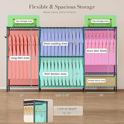 Coat Rack Clothes Wardrobe：Closet Organizer and Storage Clothing Garment Rack with Shelves Heavy Duty for Hanging Clothes Portable Adjustable Black 15.8" DX69 WX76.5 H