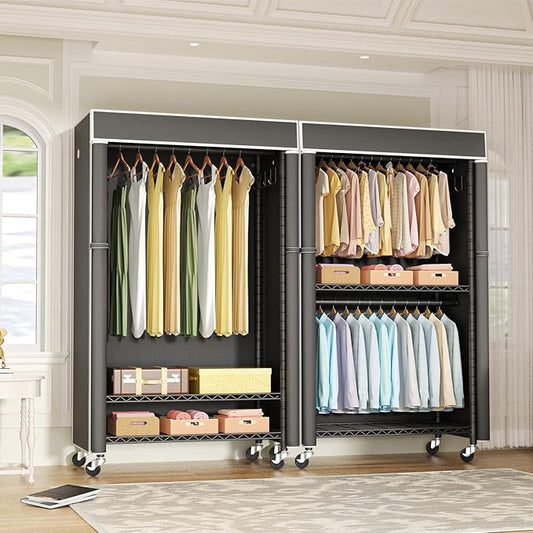FUTASSI Black Clothing Rack with Dark Gray Cover, P1C Rolling Closets with Wheels, Metal Garment Rack for Hanging Clothes, Clothing Storage Wardrobe, 36.2" W x 16.5" D x 80.5" H, Load 450 Pounds