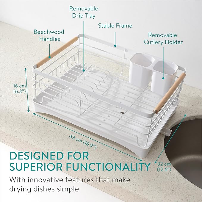 Navaris Dish Drainer Rack with Wooden Handle - Metal Draining Board with Drip Tray - Plate Drying Rack with Utensil Holder - Washing Up Drainers for Kitchen Sink - White