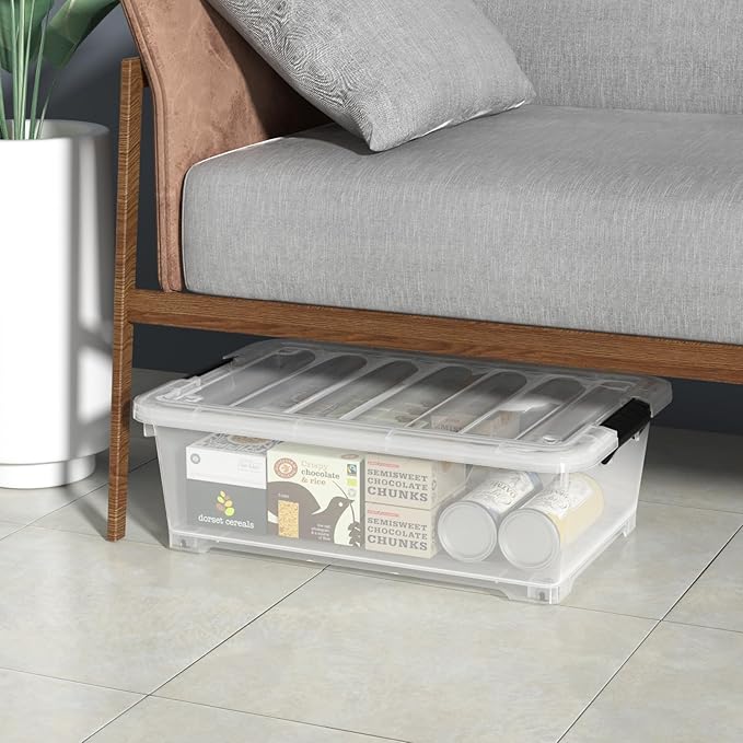 Zerdyne 20 L Plastic Underbed Storage Box with Wheels, 4-Pack Clear Latch Container for Under Bed