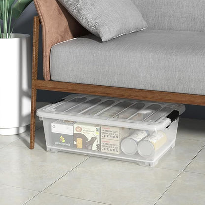 Zerdyne 20 L Plastic Underbed Storage Box with Wheels, 4-Pack Clear Latch Container for Under Bed