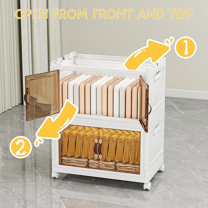 Vavkorkula Storage Bins with Lids and Wheels, 220QT-110QT*2Tier Collapsible Bathroom Storage Cabinet with Clear Doors, Plastic Stackable Closet Organizers and Containers White