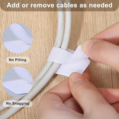 100 Pcs Hook and Loop Cable Straps, Under Desk Cord Management Self Adhesive Cable Ties Adjustable Cord Organizer for Desk Home Office Organization (White)