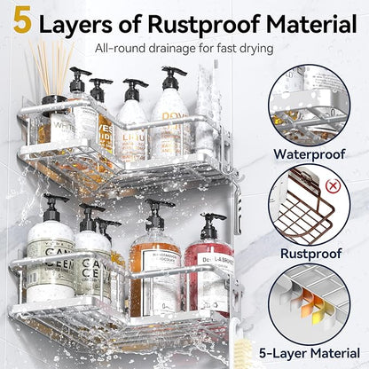 YASONIC Corner Shower Caddy Organizer, 5-Pack Self-Adhesive Rustproof Bath Shelves with Soap Holder & 4 Hooks, Large Capacity Shower Storage Rack for Bathroom Organization, Silver