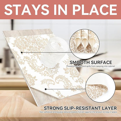 RAY STAR Shelf Liner, Non Adhesive Golden Damask Floral Cabinet Liner for Pantry Drawer, Strong Grip Non Slip Waterproof, Shelf Liners for Kitchen Cabinets Organization 18 Inch x 8 FT (3 Rolls)