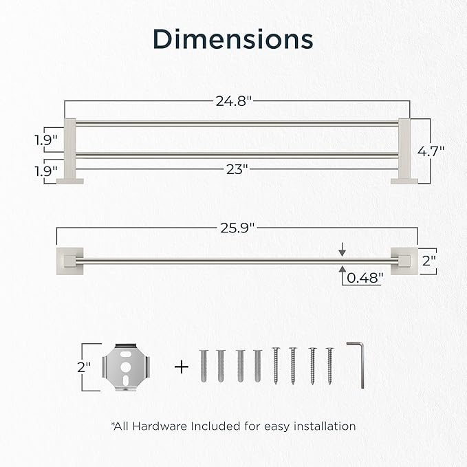 FORIOUS 24 Inch Double Towel Bar, Double Towel Racks for Bathroom Brushed Nickel, Heavy Duty SUS304 Stainless Steel Dual Towel Rail Wall Mount, Brushed Nickel