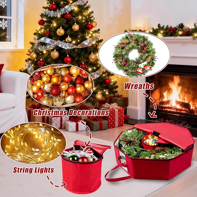 2 Pack Wreath Storage Christmas Garlands Bag with Interior Pockets Large Xmas Container Box for holiday Decorations Case with Dual Zipper and Handles Window Labeling Card Slot 24" Red