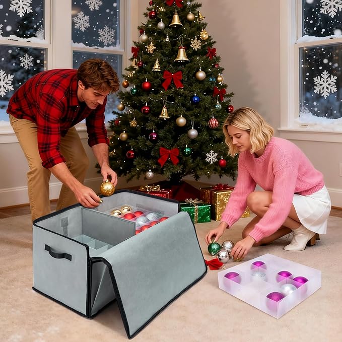 BALEINE Christmas Ornament Storage Box with Dividers, Premium Holiday Ornaments Storage Container Bin for Xmas Decorations (128 Ball, Red, Soft)