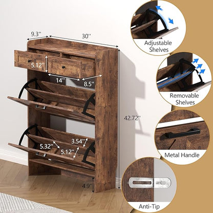 Shoe Cabinet with 2 Flip Drawers & 2 Storage Drawers, Rustic Farmhouse Narrow Shoe Organizer Cabinet, Slim Shoe Rack Cabinet, Shoe Storage Cabinet for Entryway, Hallway, Front Door