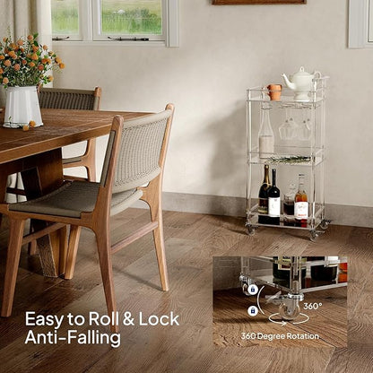 Eglaf Small Acrylic Bar cart - 3 Tier Home Bar Cart Rolling Serving Cart with 4 Lockable Wheels, Glass Holders, Handle, for Living Room, Kitchen, Bedroom, Bar, 15.6" L x 11.6" W x 35" H