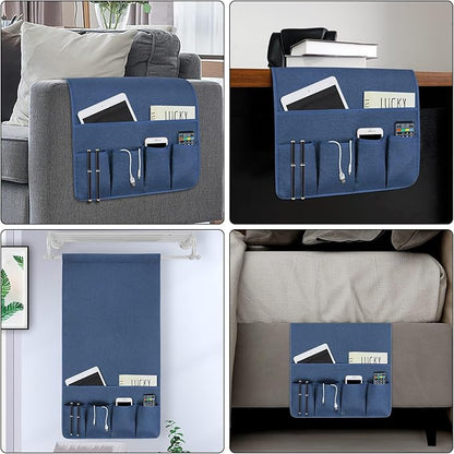 NB Sofa Armrest Organize remote holder bedside caddy organizer with 5 pockets，non-slip couch remote control holder couch armchair caddy accessories (Blue, 35''x18'')