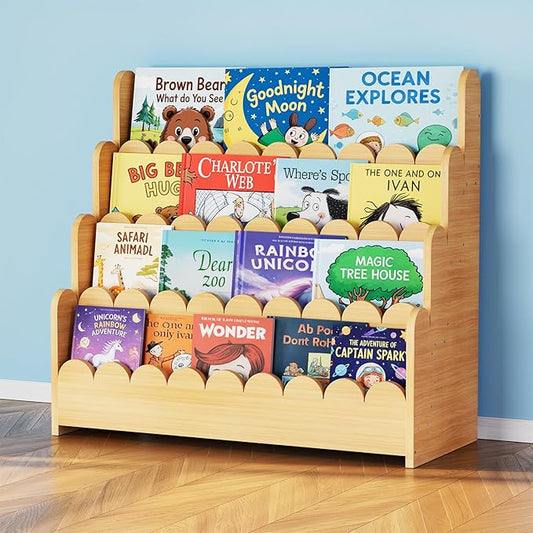 SpaceAid 4-Tier Scalloped Bookshelf, Montessori Bookcase for Toddlers, Wooden Book Shelf Organizer Display Furniture for Kids Rooms, Playroom, Nursery and Classroom, 29.6“ Wide, Natural