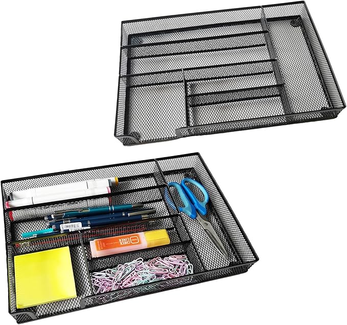 Desk Drawer Organizer Metal Mesh Drawer Organizer Tray for Office School or Home Supplies Desktop Storage Stationery, 6 Compartments, 12.6 x 8.27 x 1.57 inch，Black (2pc pack)