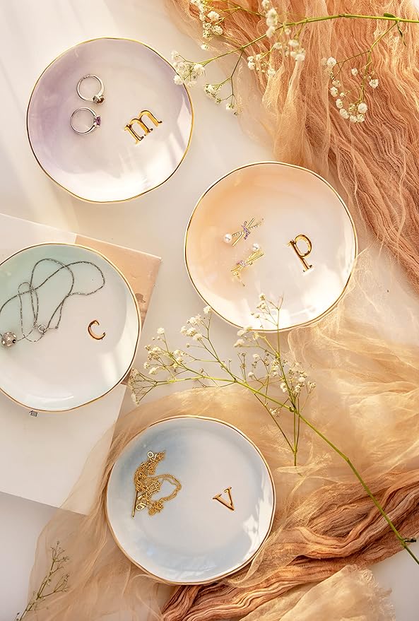 COLLECTIVE HOME - Ceramic Jewelry Tray, Decorative Trinket Dish for Rings Earrings Necklaces Bracelet Watch Keys, Birthday Mother's Day Christmas Gift for Women, 4.75", Colored Surface (W)