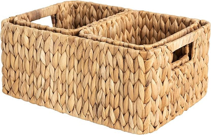 StorageWorks Wicker Storage Baskets for Shelves, Water Hyacinth Storage Baskets for Organizing, Wicker Basket for Bathroom Set of 3 (1PC Large, 2PCS Medium)