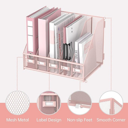 SUPEASY Desk Organizers Metal Desk Magazine File Holder with 5 Vertical Compartments Rack File Organizer for Office Desktop, Home Workspace, Pink Plus