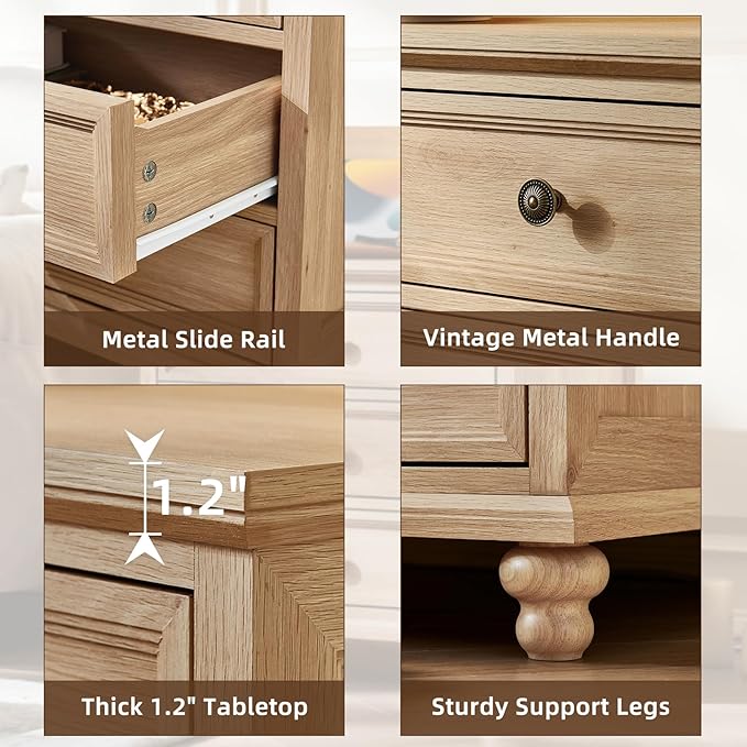 Joaxswe Farmhouse Nightstand with Charging Station, 24" Wide End Table with 3 Drawers,Natural Wood Dresser Cabinet for Bedroom, Bed Side Table Chest of Drawers,Night Stand for Living Room, Closet