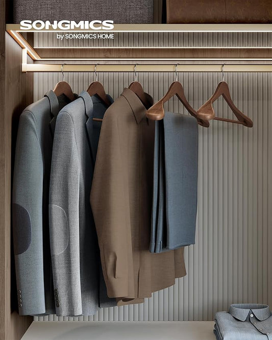 SONGMICS Extra Wide Wooden Suit Hangers, Set of 10 Clothes Hangers, Swivel Hooks, Non-Slip Bars, for Outfits, Suits, Coats, Shirts, Dresses, Walnut Color UCRW050KZ01