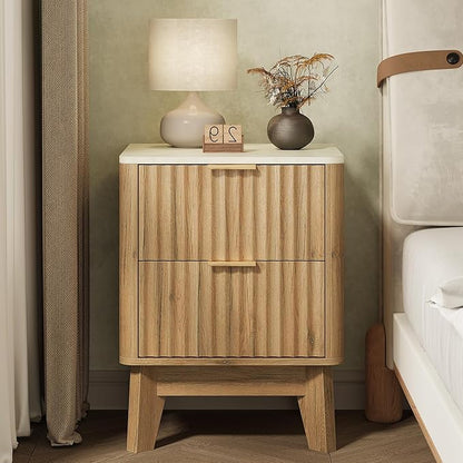 TROJM Fluted Nightstand with Faux Marble Top,Modern End Table with Metal Handles,2 Storage Drawers Side Table, Bedside Table for Bedroom,Living Room, Curved Profile Design Furnitue, Natural Oak