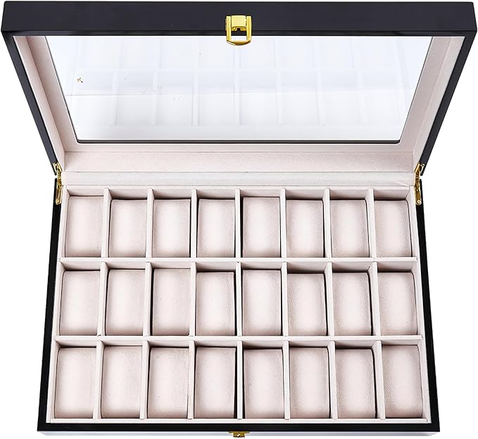 Baojulong 24-Slot Black Wooden Watch Box, Watch Organizer with Clear Lid, Ideal for Watches