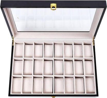 Baojulong 24-Slot Black Wooden Watch Box, Watch Organizer with Clear Lid, Ideal for Watches