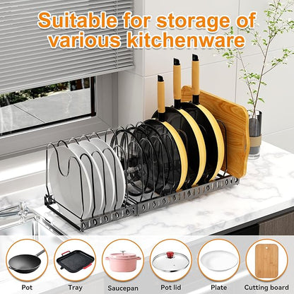 Besda Pot and Pan Organizer Rack for Cabinet, Expandable Pot Lid Organizer Holder with 12 Adjustable Compartment for Kitchen Cutting Board, Pan Lid, Cabinet Cookware Baking