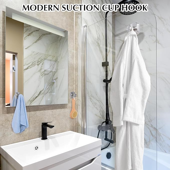 warlve Suction Cup Hooks for Shower - Reusable No-Drill Mounting - Hooks for Towels, Robes & Loofah on Metal, Glass, Mirrors, Tile & Smooth Non-Porous Surfaces (4, Brushed Nickel)
