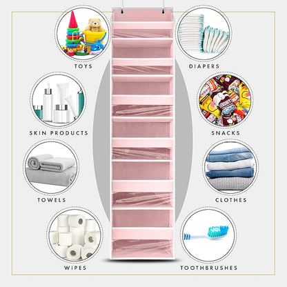 HOMELUX THEORY UPGRADED 6 Tiers Over The Door Organizer Hanging - 100D EXTRA THICK & 50lbs HUGE CAPACITY, 12 Side Mesh Pockets Over The Door Shoe Organizer, Hanging Closet Organizer (Baby Pink, 2pc)