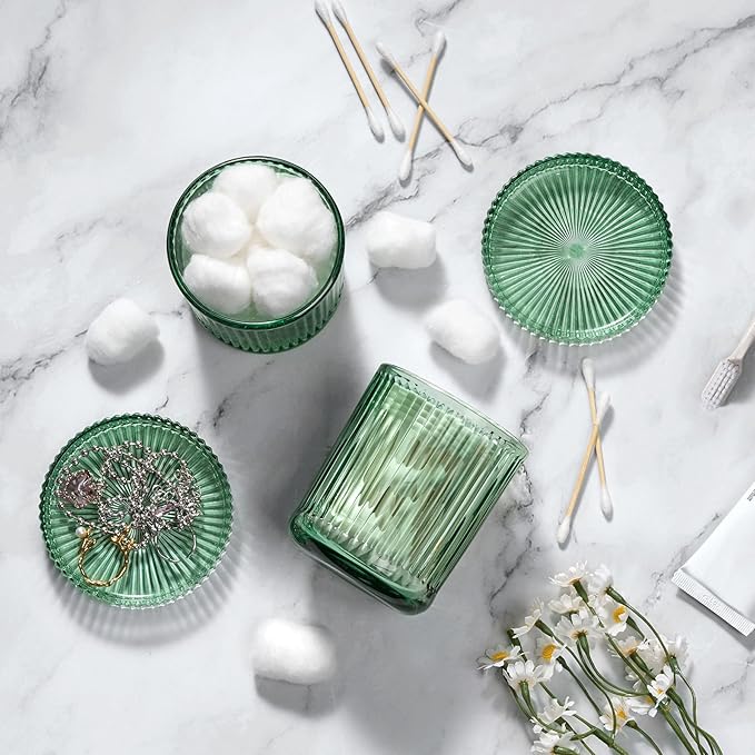MKOSAB 2 Pack Qtip Holders for Bathroom, Clear Glass Apothecary Jars with Lids,Vintage Bathroom Canisters for Cotton Balls,Swabs,Floss Picks,Hair Ties,Vanity Organizer and Storage Decor (Green)