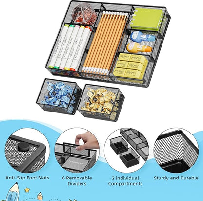 Marbrasse 3 Packs Desk Drawer Organizers, Metal Mesh Dividers Desk Drawer Organizer Tray with 9 Adjustable Compartments, Pen Organizer for Drawer Tray Box Accessories for Desktop,Kitchen, Makeup