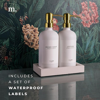 MaisoNovo Soap Dispenser 3-Piece Set | 16.9oz White Bottles Gold Plastic Pumps with Ceramic Tray
