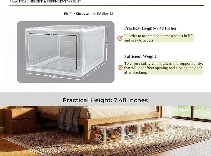 JECCICHY 12 Pack Clear Shoe Storage Boxes Stackable, Plastic Shoe Boxes with Lids, Sneaker Storage, Transparent, Thick Hard, Drop Front Door, Within US Size 13