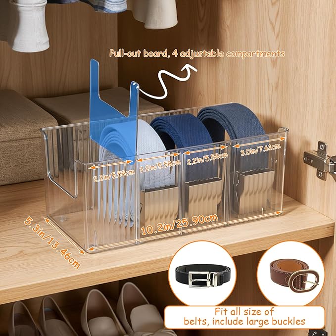Afcabakila 2-Pack Belt Storage Organizer, Acrylic Belt Organizer with 8 Detachable Compartments, Clear Belts Holder for Closet & Drawer, Fits Most Sizes, Space-Saving Design for Ties, Bows & Jewelry