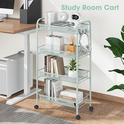 TOOLF 4-Tier Rolling Cart, Metal Utility Cart with 3 Hooks, Easy Assemble Mobile Storage Trolley On Wheels, Metal Shelving Units Kitchen Bathroom Laundry Room