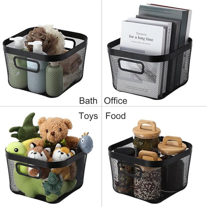 4 Pack Metal Mesh Steel Basket with Hollow Handles Square Wire Mesh Open Bin Fruit Storage Basket for Kitchen Bathroom Picnic Shopping Cabinet Home Items (Large,Black)