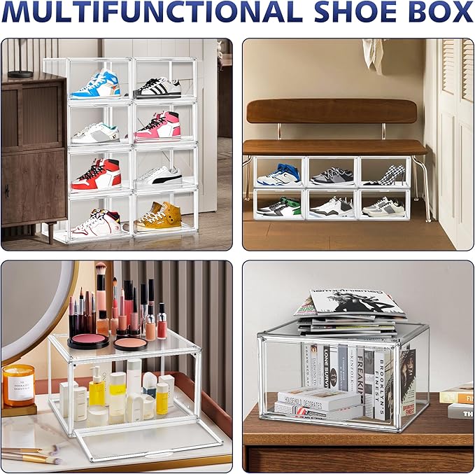 EZJOB 2 Pack Acrylic Clear Shoe Storage Boxes Size 12, Transparent Display Case for Sneaker Collections, Baseball Caps, Hat Organizer Dust-free Shoe Cubbies Stackable Sneaker Boxes