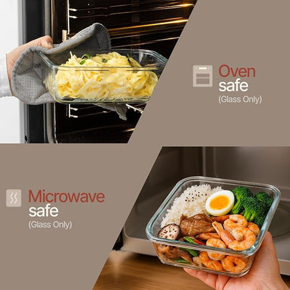 Bakken Borosilicate Glass Food Storage Containers with Lids 16 Pieces, BPA-Free Stackable Lunch & Leftover Containers, Microwave, Freezer & Dishwasher Safe, 100% Airtight Leak-Proof, Gray