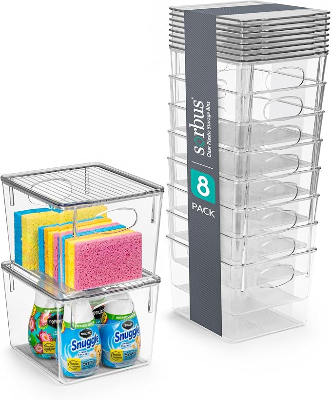 Sorbus Medium Clear Plastic Storage Bins with Lids, Clear Stackable Storage Bins, Laundry Room Organizer Bins, Office, Classroom, Playroom, Bathroom, Laundry Room Organization and Storage (8 Pack)