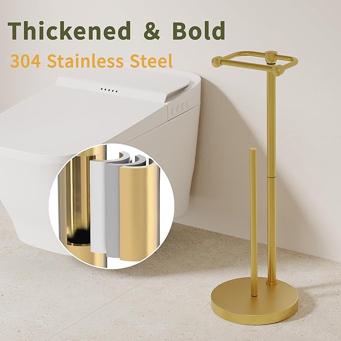 Toilet Paper Holder Stand, Modern Bathroom Free Standing Toilet Paper Holder with Storage for 4 Rolls, Post Pivoting Toilet Paper Stand Stainless Steel Tissue Rack, Heavy Stable Base(Brushed Gold)