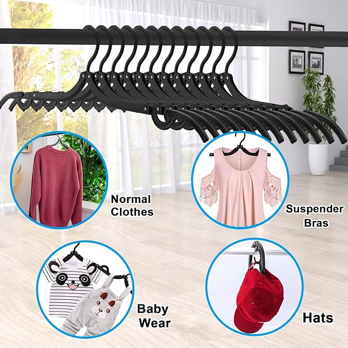 12 PCS Travel Hangers,Portable Folding Clothes Hangers Travel Accessories,Foldable Drying Rack,Black Non Slip Clothing Hangers with Clotheslines